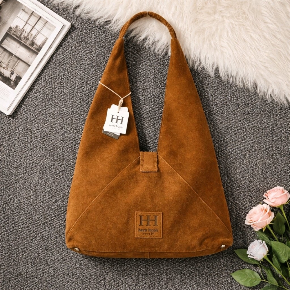 Haute Hippie Camel Brown Triangle Hobo Bag 100% Genuine Suede Leather